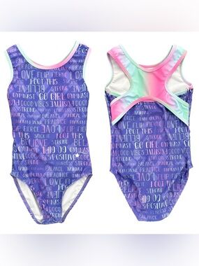 Destina Girls Purple Word-Print Gymnastics Leotard with Pastel Back CS